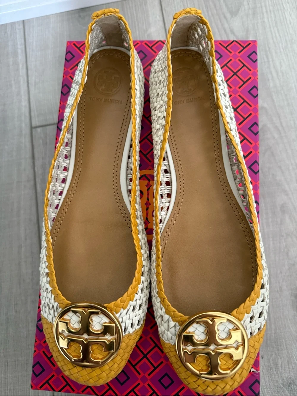 Tory Burch Woven Two-Tone Yellow & Cream Ballet Flats with Gold Logo